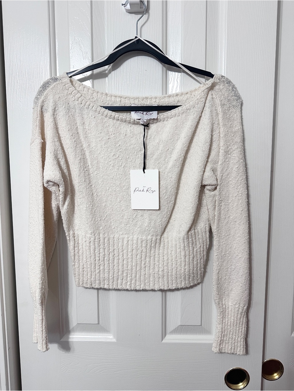 Pink Rose Cream Off-Shoulder Knit Sweater